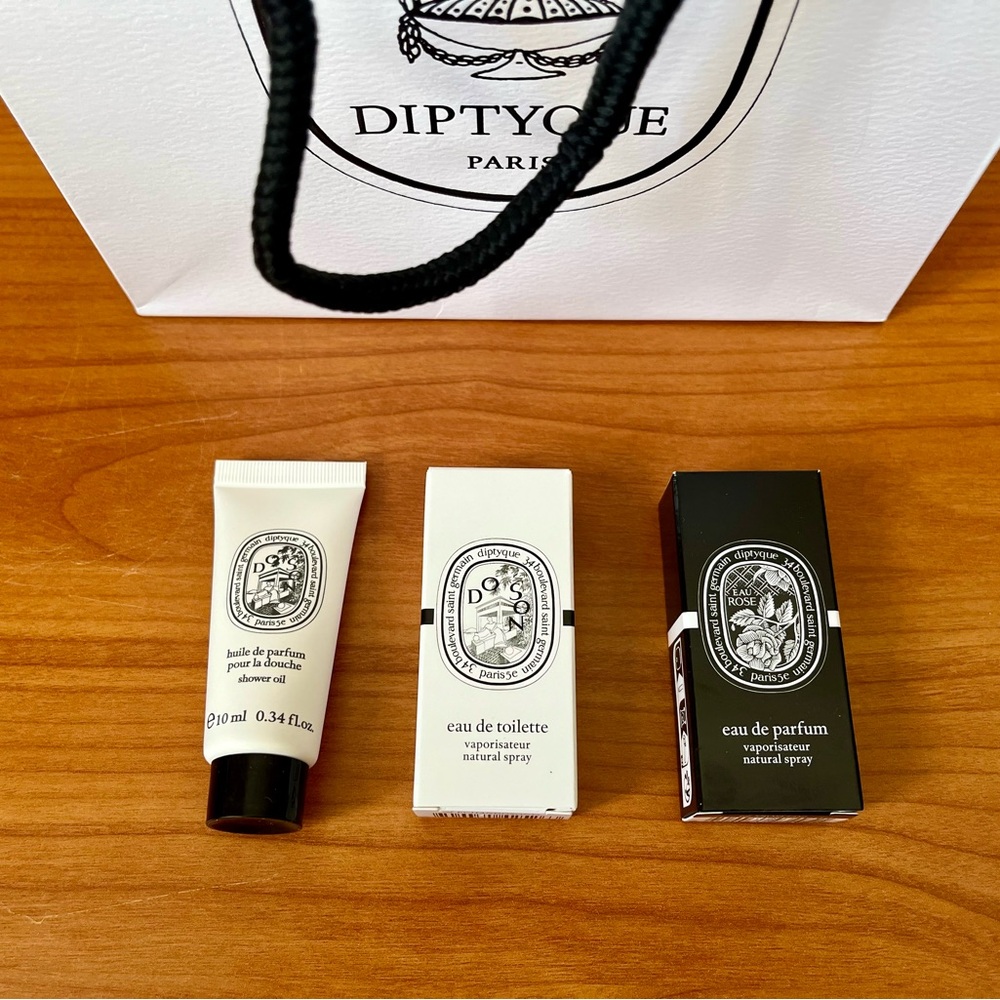 3 New Diptyque Samples with shopping bag